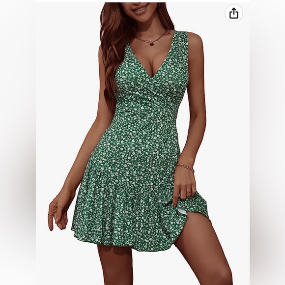 FENSACE Women's Summer Sleeveless Wrap V Neck Floral Ruffle Mini Sun Dress S - Picture 1 of 11
